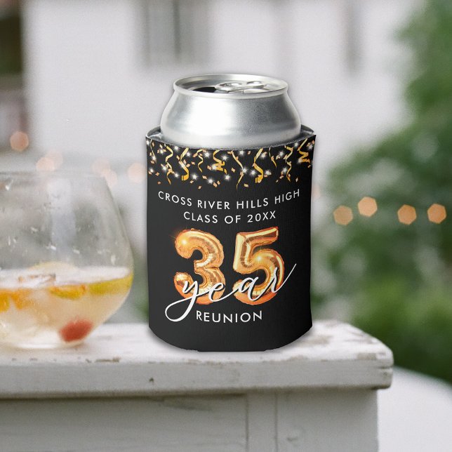 35th Class Reunion Black Orange Balloons Confetti Can Cooler (Creator Uploaded)