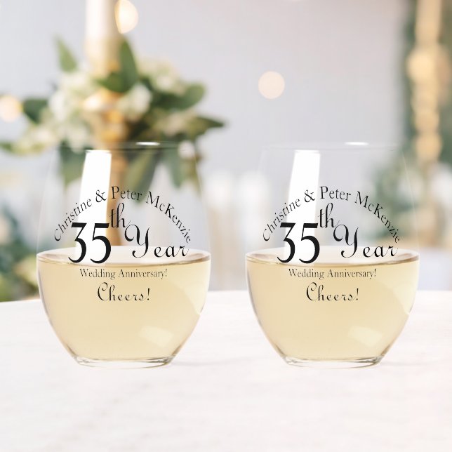 35th Coral Jade-Wedding Anniversary Signature Stemless Wine Glass (Insitu (Wedding))