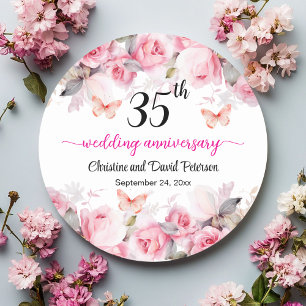 35th Coral Wedding Anniversary Blush Roses Classic Round Sticker