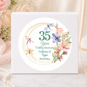 35th Coral Wedding Anniversary Gold Frame Floral Classic Round Sticker