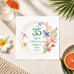 35th Coral Wedding Anniversary Gold Frame Floral Napkin
