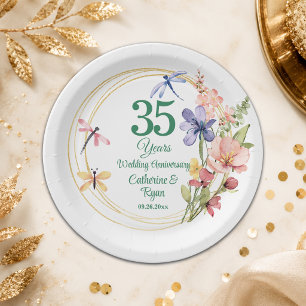 35th Coral Wedding Anniversary Gold Frame Floral Paper Plate