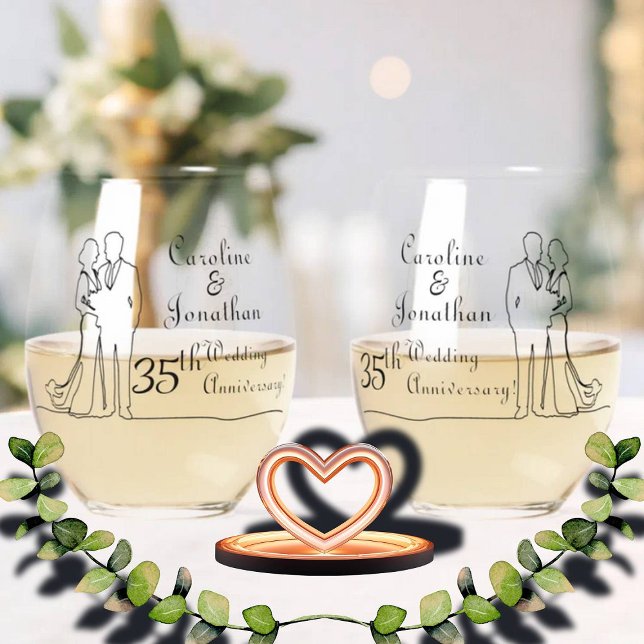 35th Coral Wedding Anniversary Line Art Couple Stemless Wine Glass (Creator Uploaded)