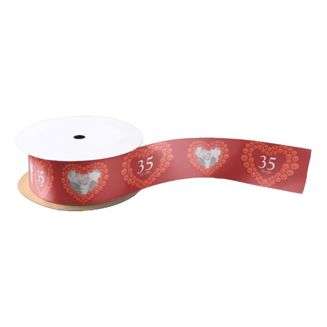 35th coral wedding anniversary photo heart satin ribbon (Spool)