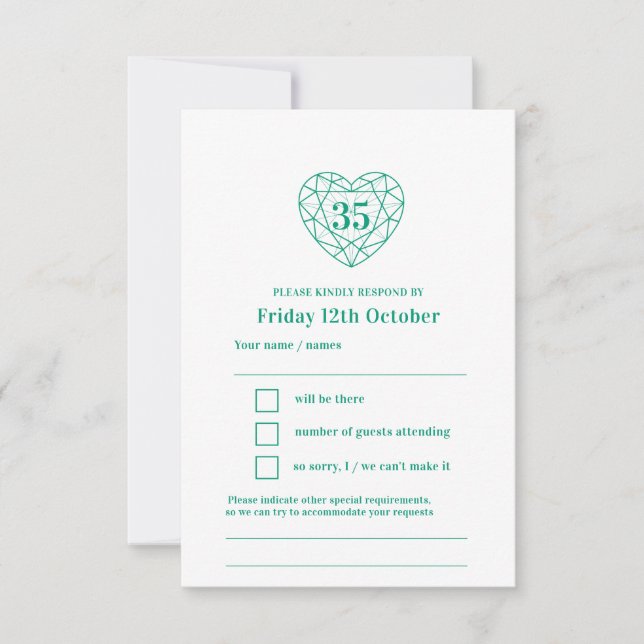 35th emerald green heart anniversary reply RSVP Card (Front)