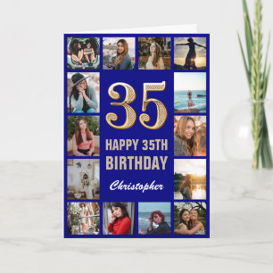 35th Happy Birthday Navy Blue & Gold Photo Collage Card