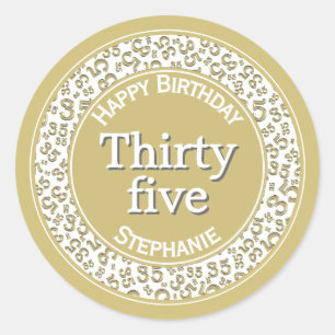 35th Happy Birthday Number Pattern Gold/White Classic Round Sticker