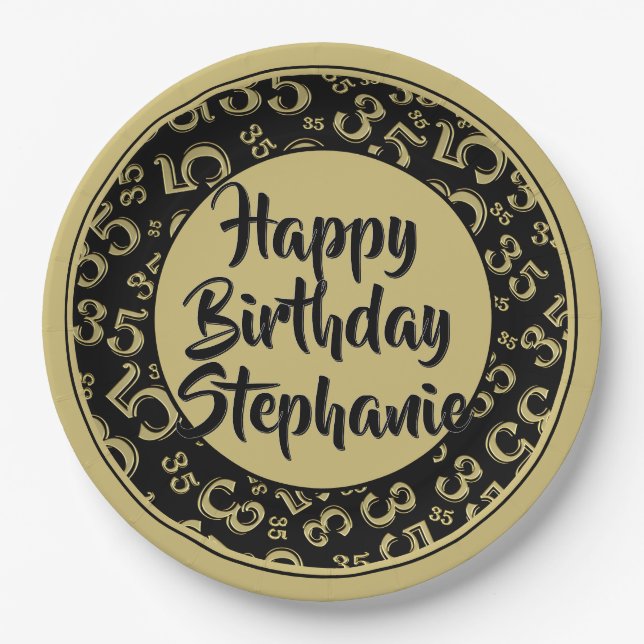 35th Party Random Number Pattern Black/Gold Paper Plate (Front)