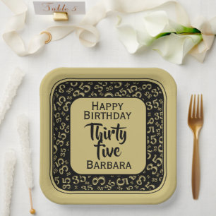 35th Party Random Number Pattern Black/Gold Paper Plate