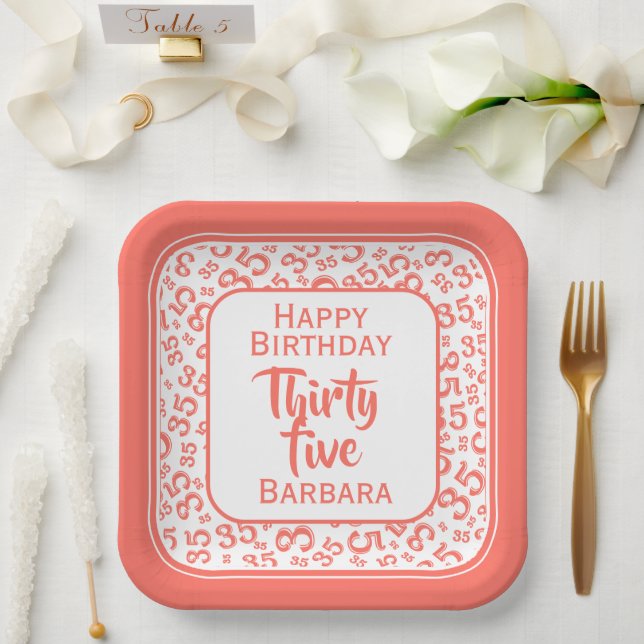 35th Party Random Number Pattern Coral/White Paper Plate (Wedding)