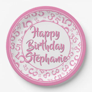35th Party Random Number Pattern Pink/White Paper Plate