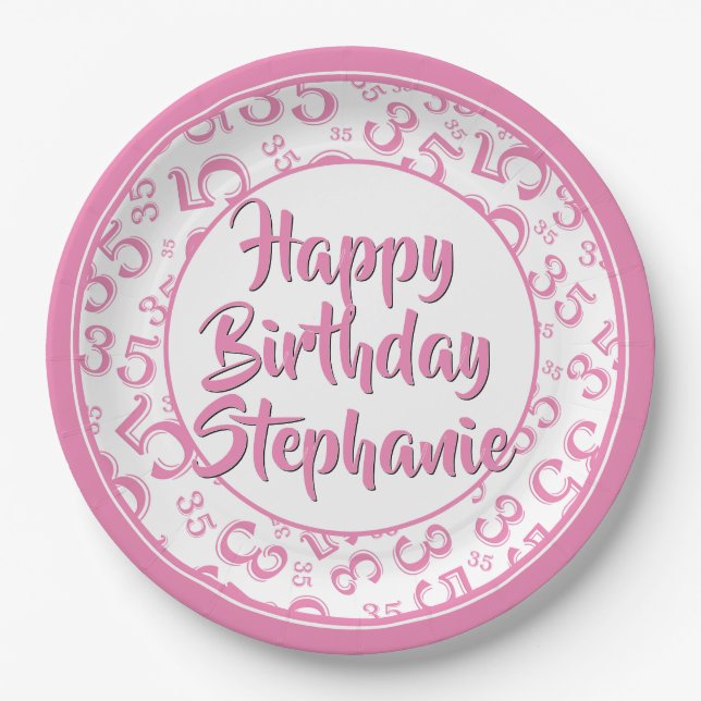 35th Party Random Number Pattern Pink/White Paper Plate (Front)