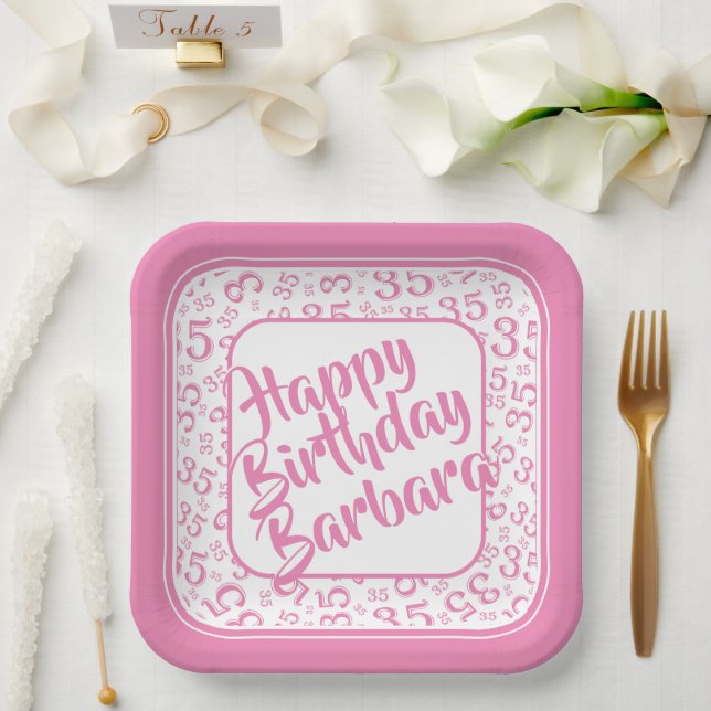 35th Party Random Number Pattern Pink/White Paper Plate (Wedding)