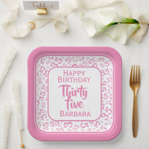 35th Party Random Number Pattern Pink/White Paper Plate