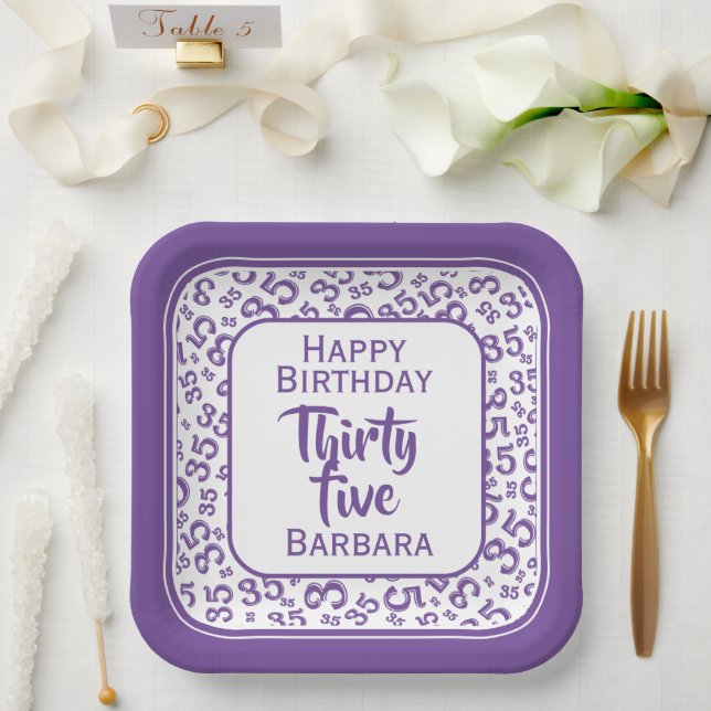 35th Party Random Number Pattern Purple/White Paper Plate (Wedding)