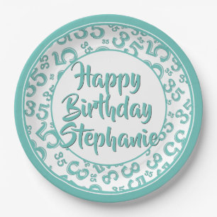 35th Party Random Number Pattern Teal/White Paper Plate
