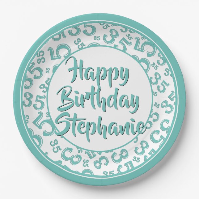 35th Party Random Number Pattern Teal/White Paper Plate (Front)