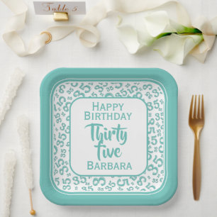35th Party Random Number Pattern Teal/White Paper Plate