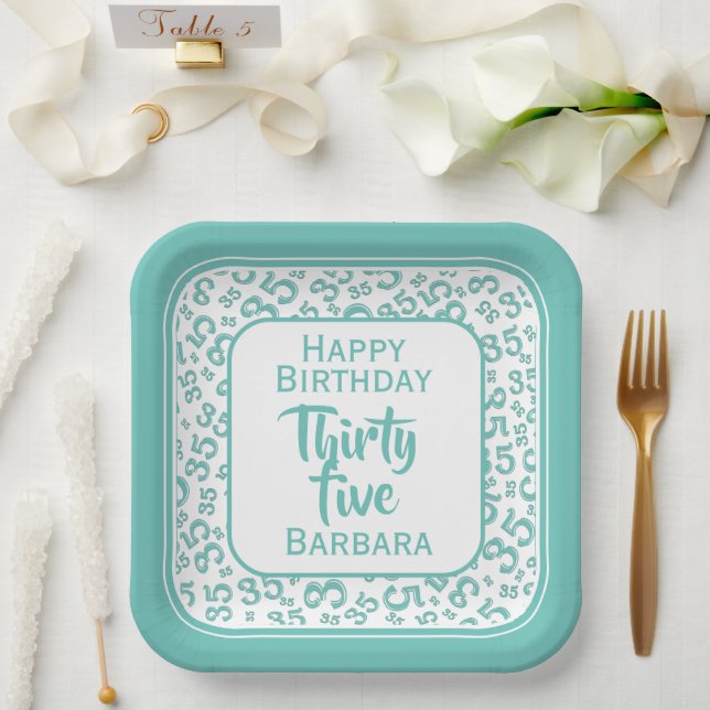 35th Party Random Number Pattern Teal/White Paper Plate (Wedding)