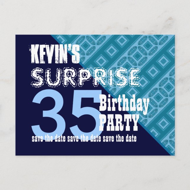 35th Surprise Birthday Save the Date Diagonal VB12 Announcement Postcard (Front)