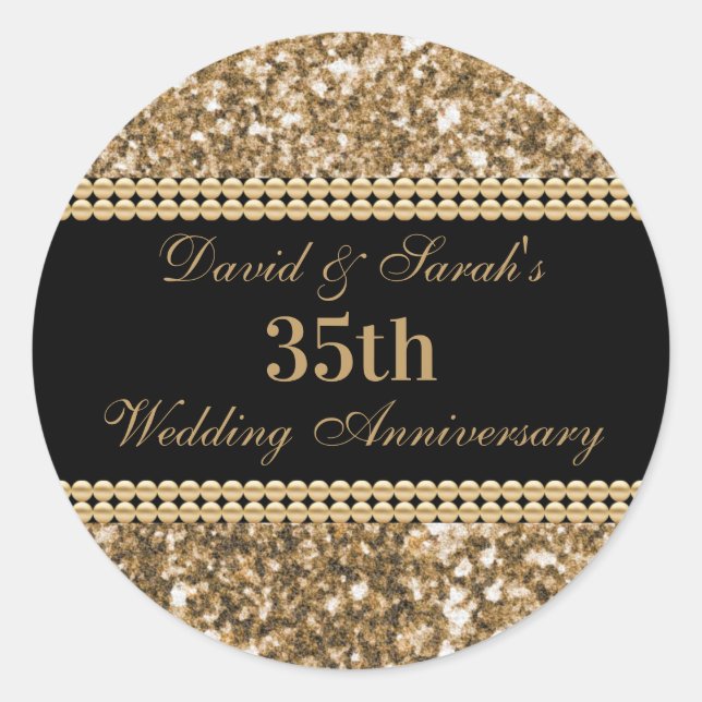 35th Wedding Anniversary Celebration Gold Glitter  Classic Round Sticker (Front)