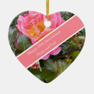 35th Wedding Anniversary Coral Rose Ceramic Tree Decoration