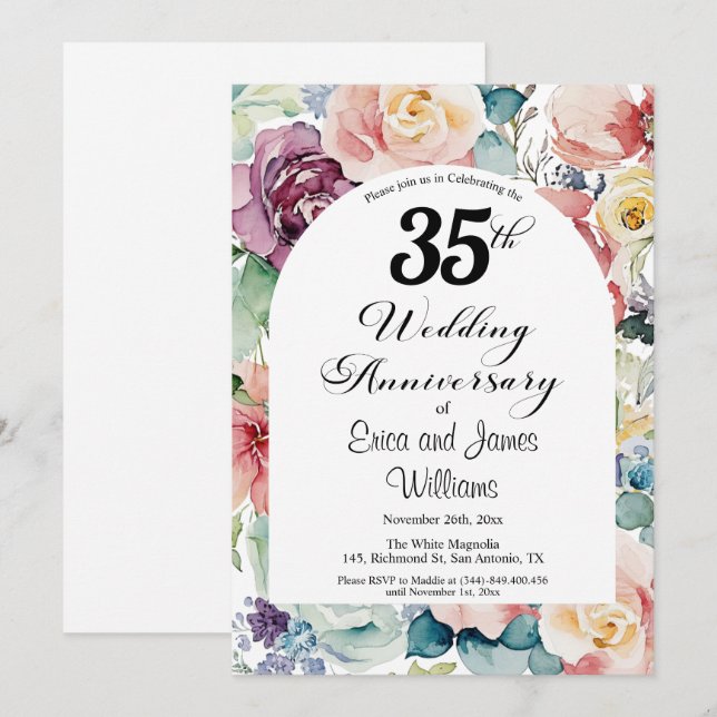 35th Wedding Anniversary Elegant Script Floral Invitation (Front/Back)