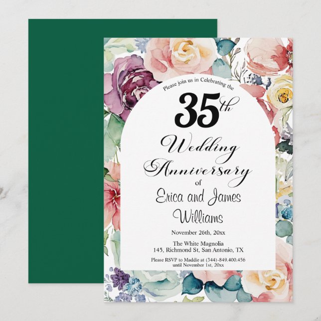 35th Wedding Anniversary Elegant Script Floral Invitation (Front/Back)