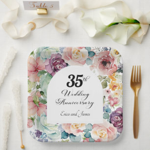 35th Wedding Anniversary Elegant Script Floral Paper Plate
