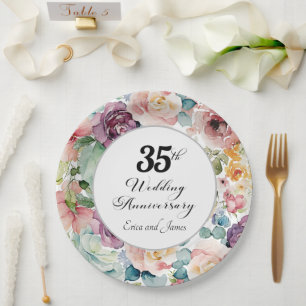 35th Wedding Anniversary Elegant Script Floral Paper Plate