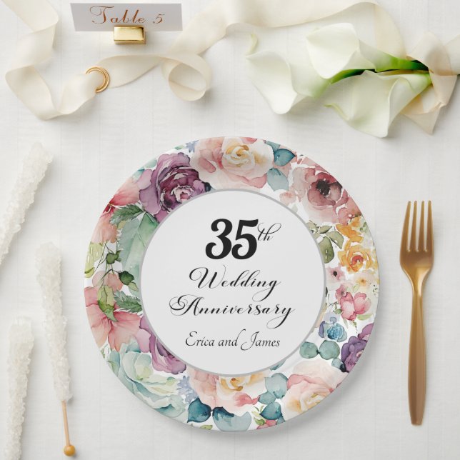 35th Wedding Anniversary Elegant Script Floral Paper Plate (Wedding)