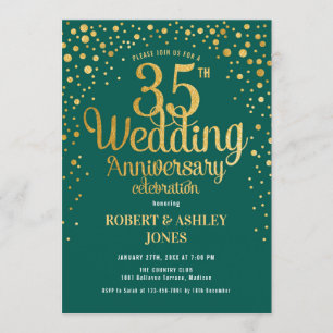 35th Wedding Anniversary - Emerald Green & Gold Invitation