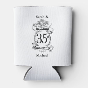 35th Wedding Anniversary Flowers black and white Can Cooler