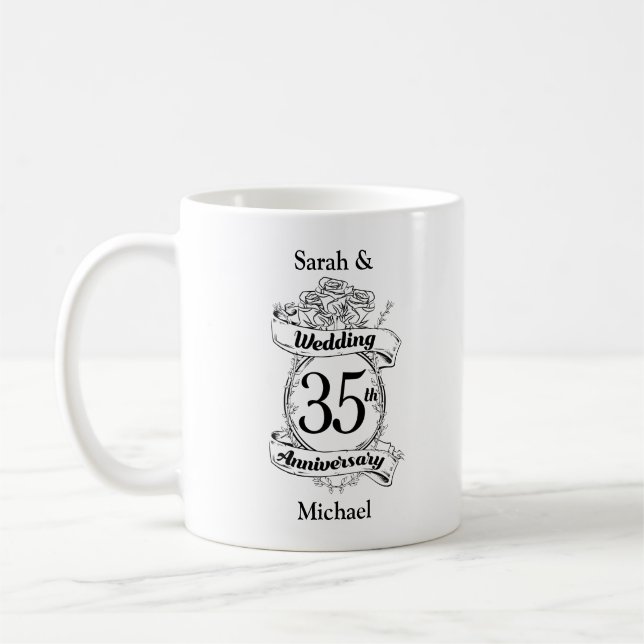 35th Wedding Anniversary Flowers black and white Coffee Mug (Left)