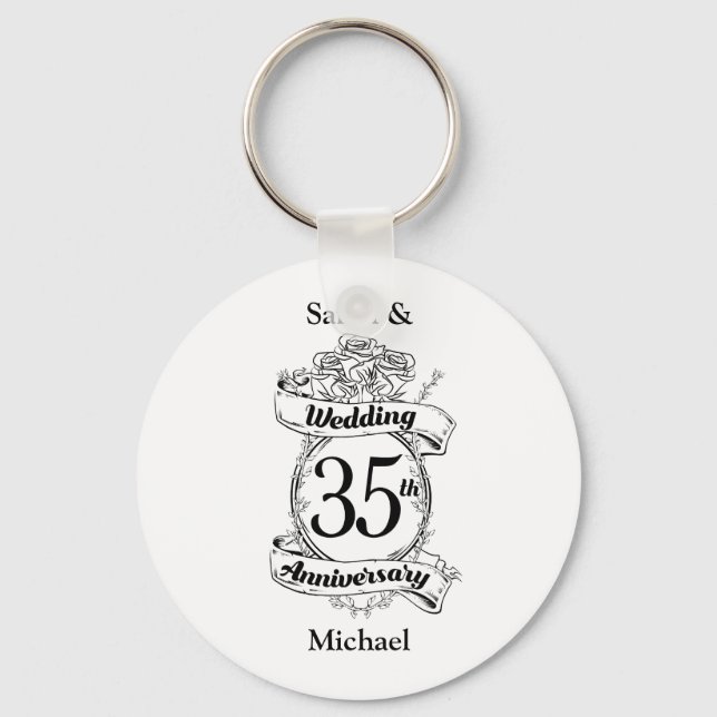 35th Wedding Anniversary Flowers black and white Key Ring (Front)