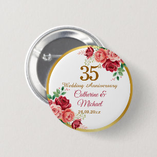 35th Wedding Anniversary Gold Frame Floral 6 Cm Round Badge