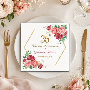 35th Wedding Anniversary Gold Frame Floral Napkin