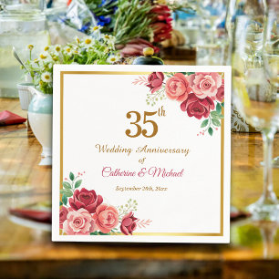 35th Wedding Anniversary Gold Frame Floral Napkin
