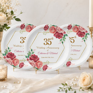 35th Wedding Anniversary Gold Frame Floral Paper Plate