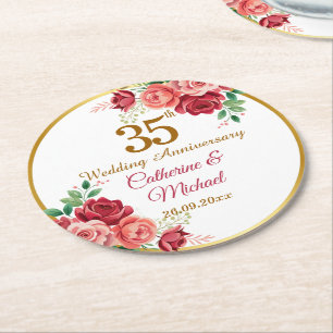 35th Wedding Anniversary Gold Frame Floral Round Paper Coaster