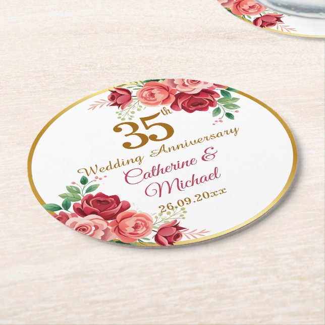 35th Wedding Anniversary Gold Frame Floral Round Paper Coaster (Angled)