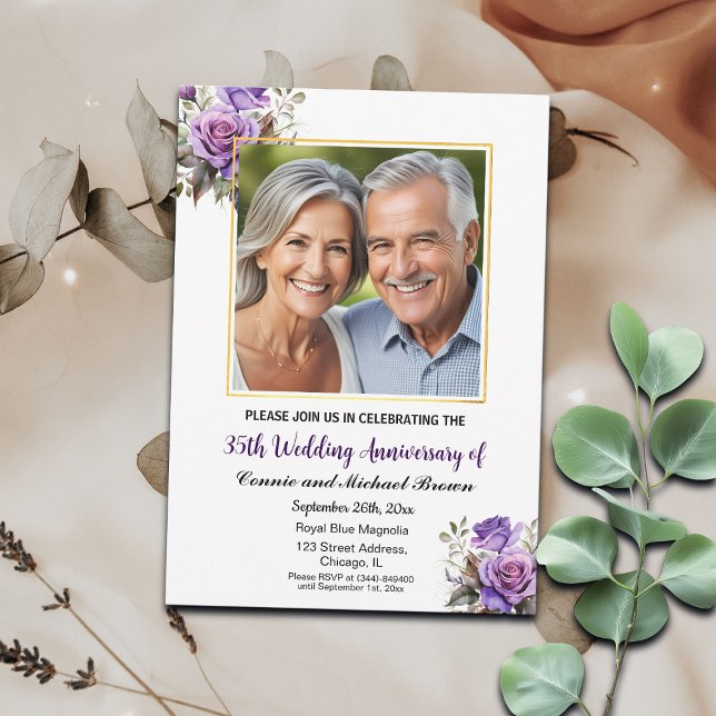 35th Wedding Anniversary Gold Frame Purple Roses Invitation (Creator Uploaded)