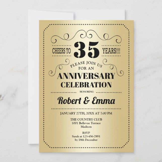 35th Wedding Anniversary Party - Gold Black Invitation (Front)