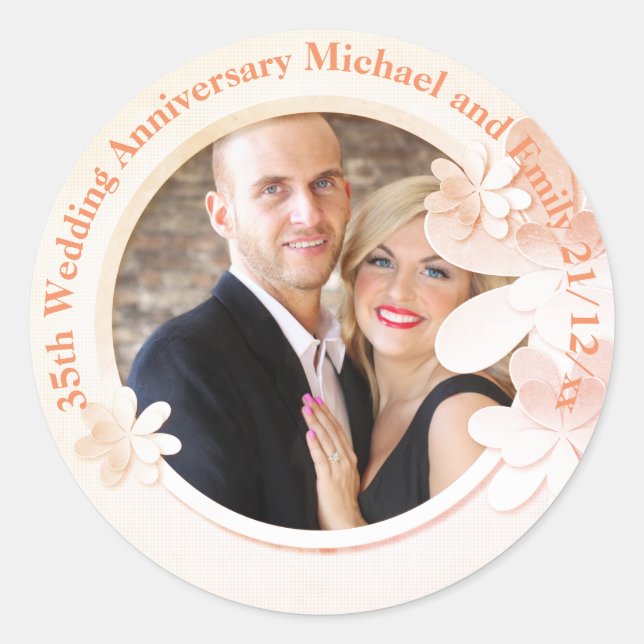 35th Wedding ANNIVERSARY PHOTO Coral Classic Round Sticker (Front)