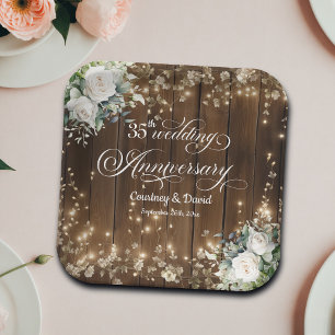 35th Wedding Anniversary Rustic String Lights  Paper Plate