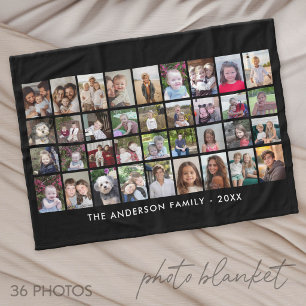 36 Photo Collage - 4 rows 9 columns - black Fleece Blanket