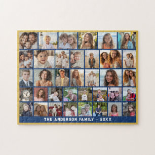 36 Photo Collage - modern grid - blue and gold Jigsaw Puzzle