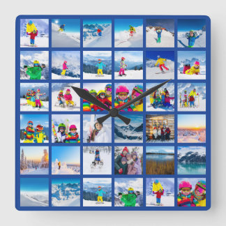 36 Photo Grid Collage Dark Blue Square Wall Clock