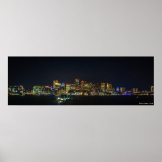 36" x 12", Boston Skyline at Night Poster