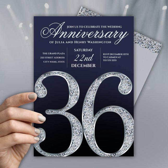 36th Anniversary Diamond Silver Navy Blue Invitation (Creator Uploaded)